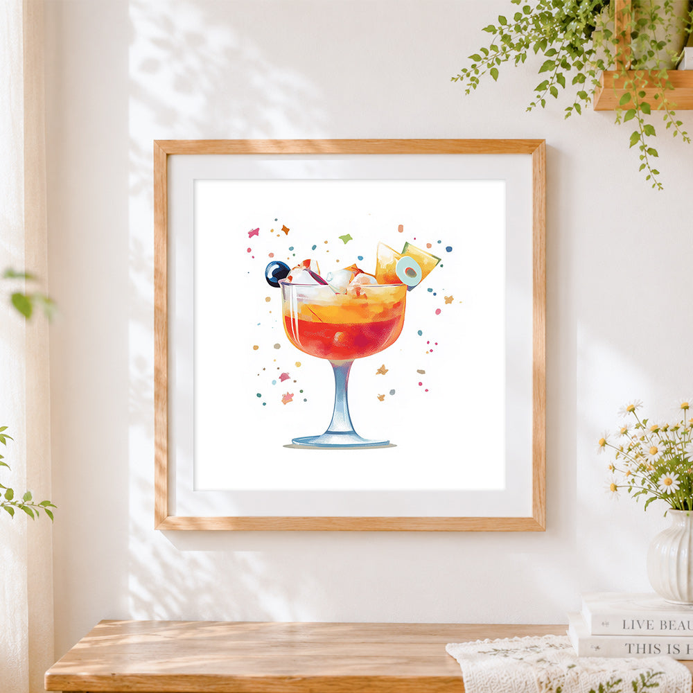 Finished tropical fruit punch cross stitch artwork displayed