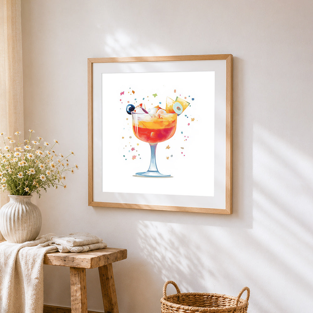 Tropical fruit punch cross stitch artwork displayed on wall as home decor