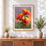 Finished tropical hibiscus at sunset cross stitch artwork displayed