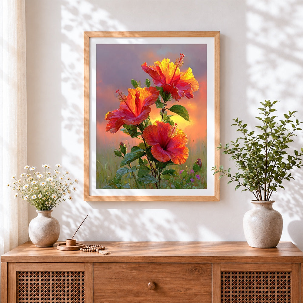 Finished tropical hibiscus at sunset cross stitch artwork displayed