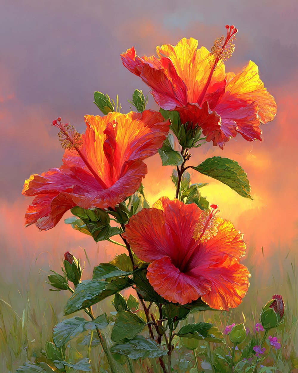 Tropical hibiscus at sunset cross stitch kit for beginners