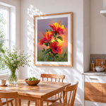 Tropical hibiscus at sunset cross stitch artwork displayed on wall as home decor