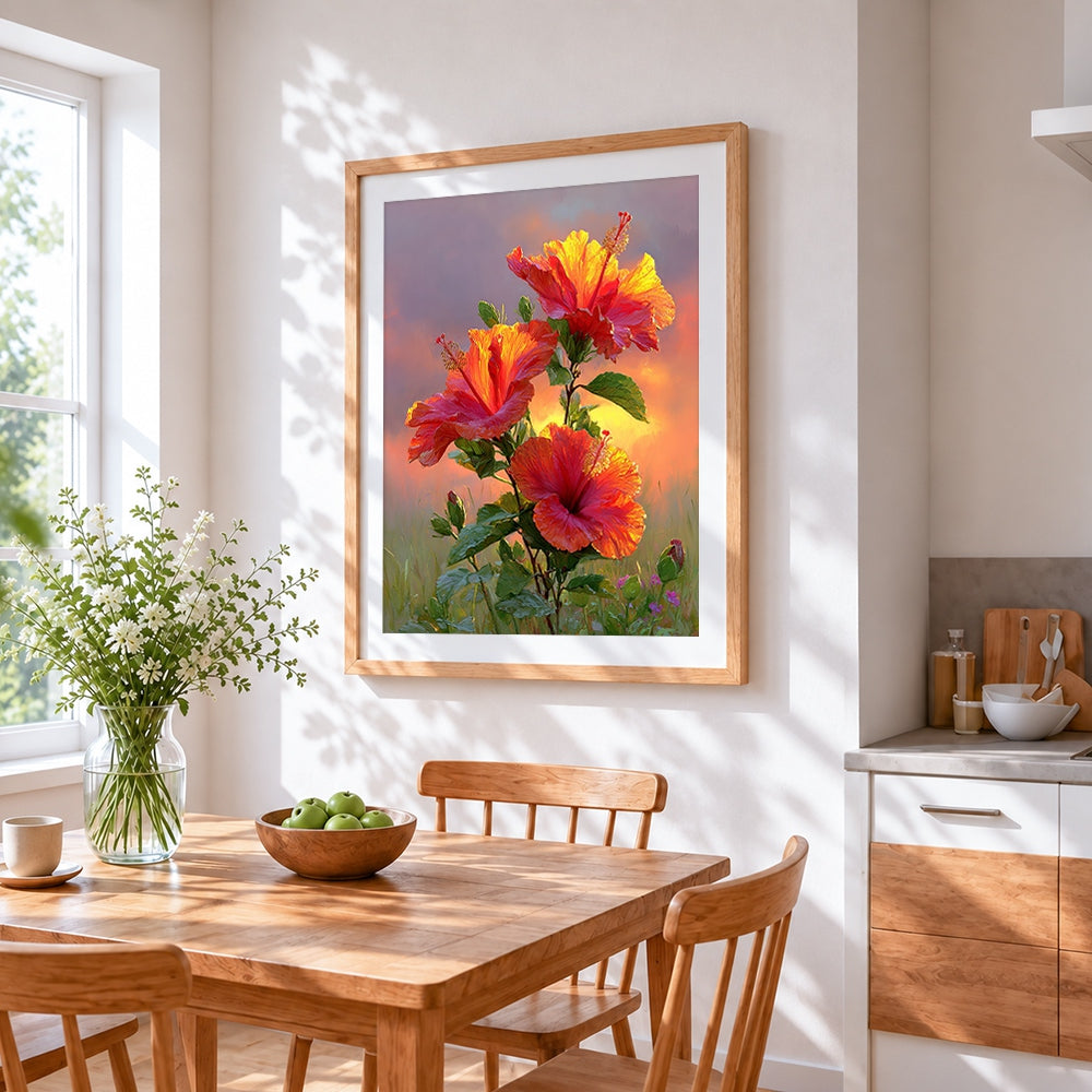 Tropical hibiscus at sunset cross stitch artwork displayed on wall as home decor