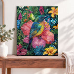 Finished tropical hummingbird glow pearl diamond painting artwork displayed as home decor