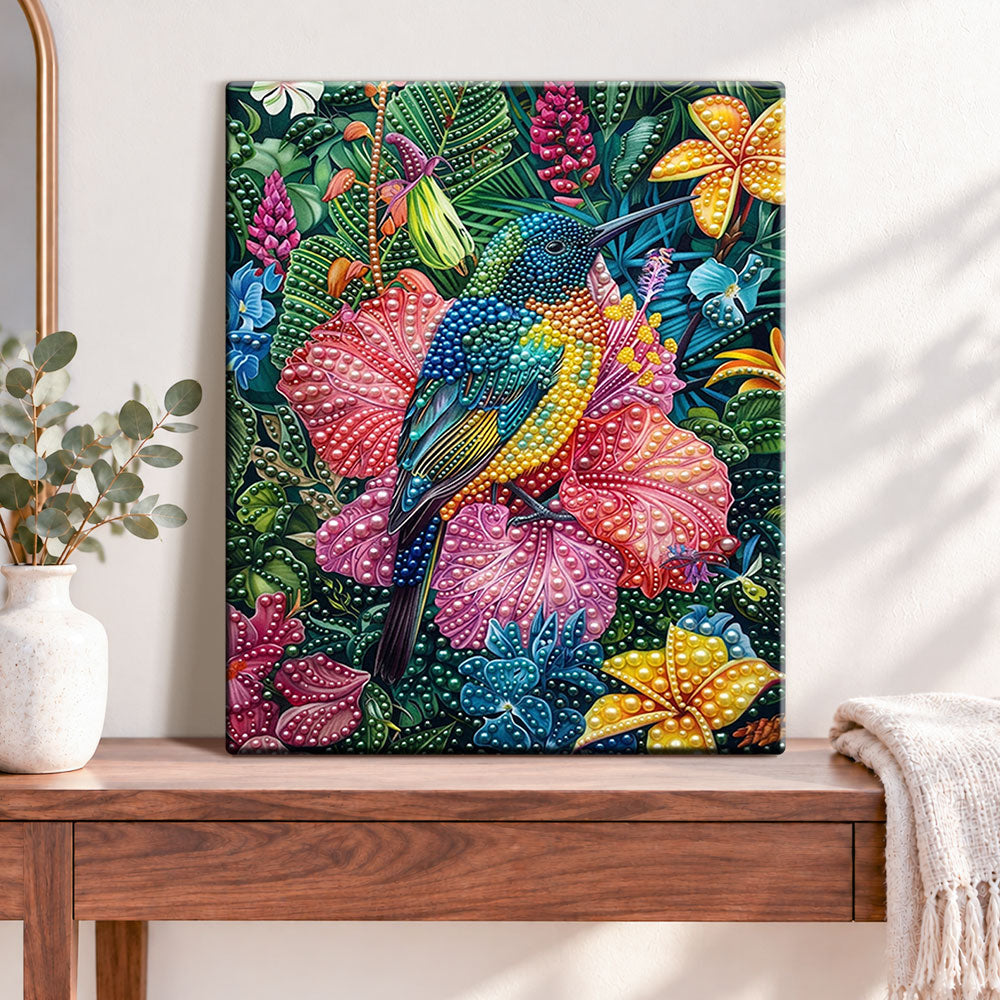 Finished tropical hummingbird glow pearl diamond painting artwork displayed as home decor
