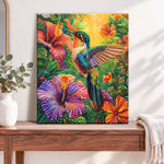 Finished tropical hummingbird pearl diamond painting artwork displayed as home decor