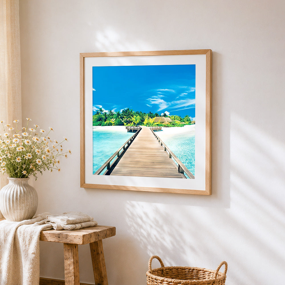 Tropical island boardwalk to paradise paint by numbers artwork displayed on wall as home decor