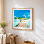 Tropical island boardwalk to paradise paint by numbers artwork displayed on wall as home decor