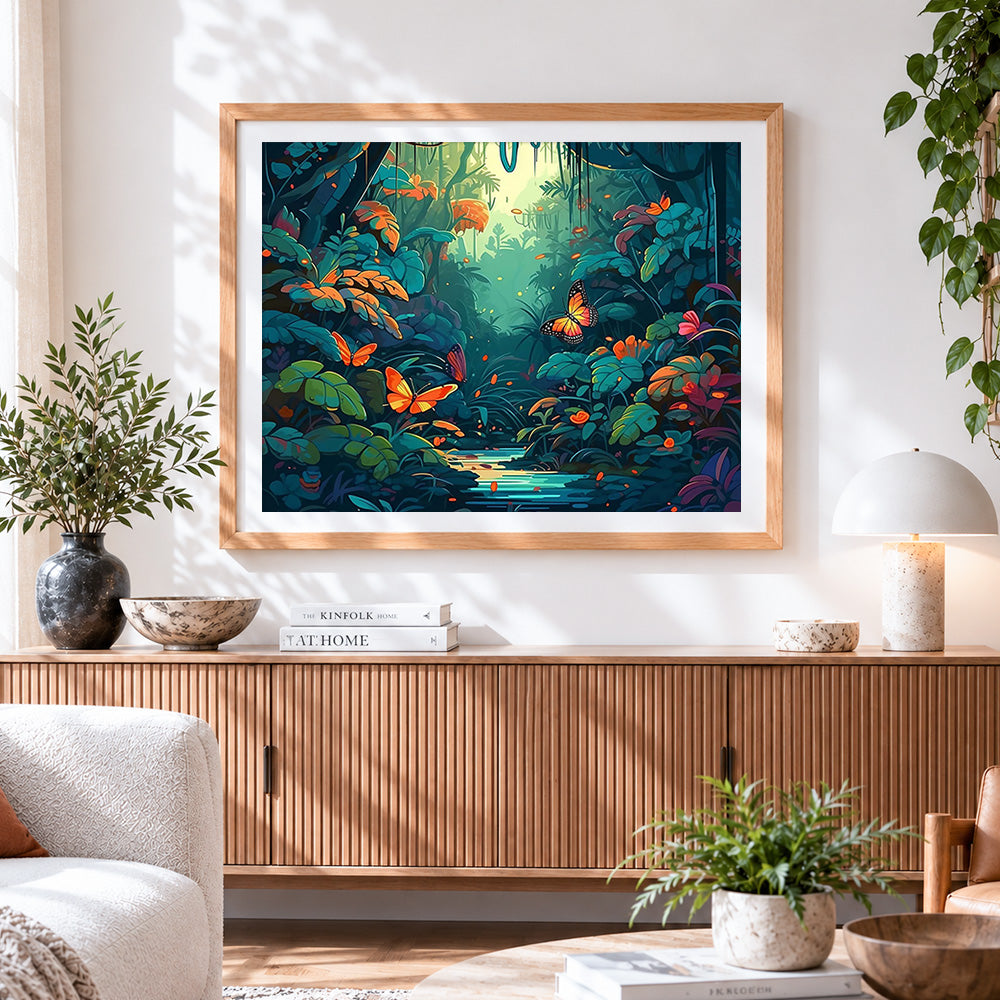 Finished tropical jungle butterflies cross stitch artwork displayed