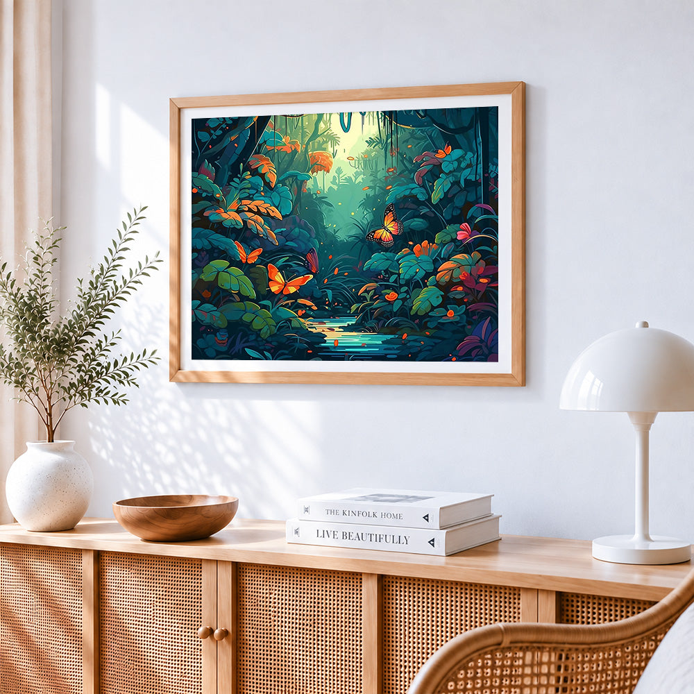 Tropical jungle butterflies paint by numbers artwork displayed on wall as home decor