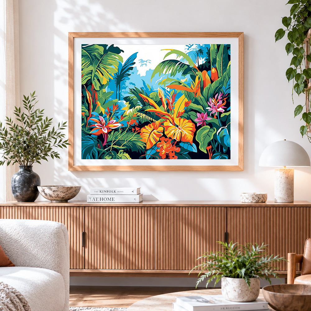 Finished tropical jungle foliage paint by numbers artwork displayed as home decor