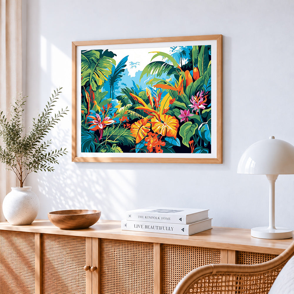 Tropical jungle foliage paint by numbers artwork displayed on wall as home decor