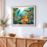 Tropical jungle foliage paint by numbers artwork displayed on wall as home decor