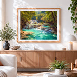 Finished tropical jungle waterfalls paint by numbers artwork displayed as home decor