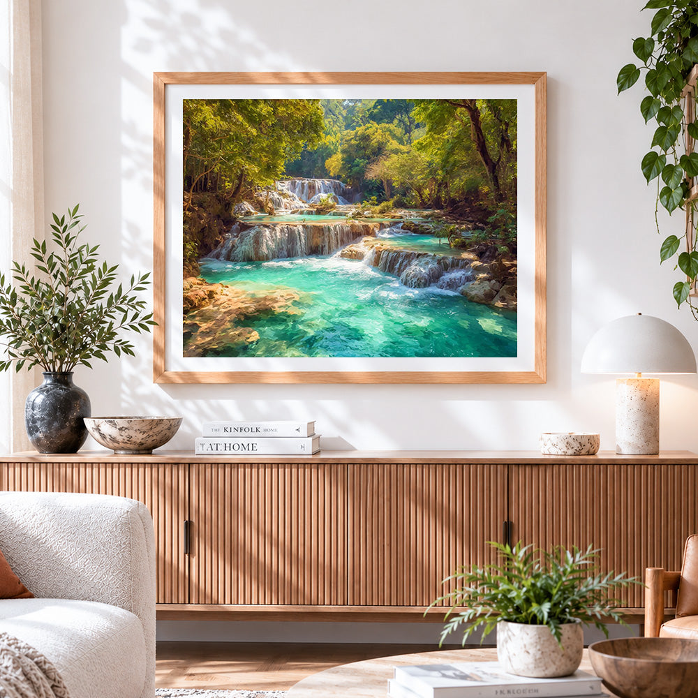 Finished tropical jungle waterfalls paint by numbers artwork displayed as home decor