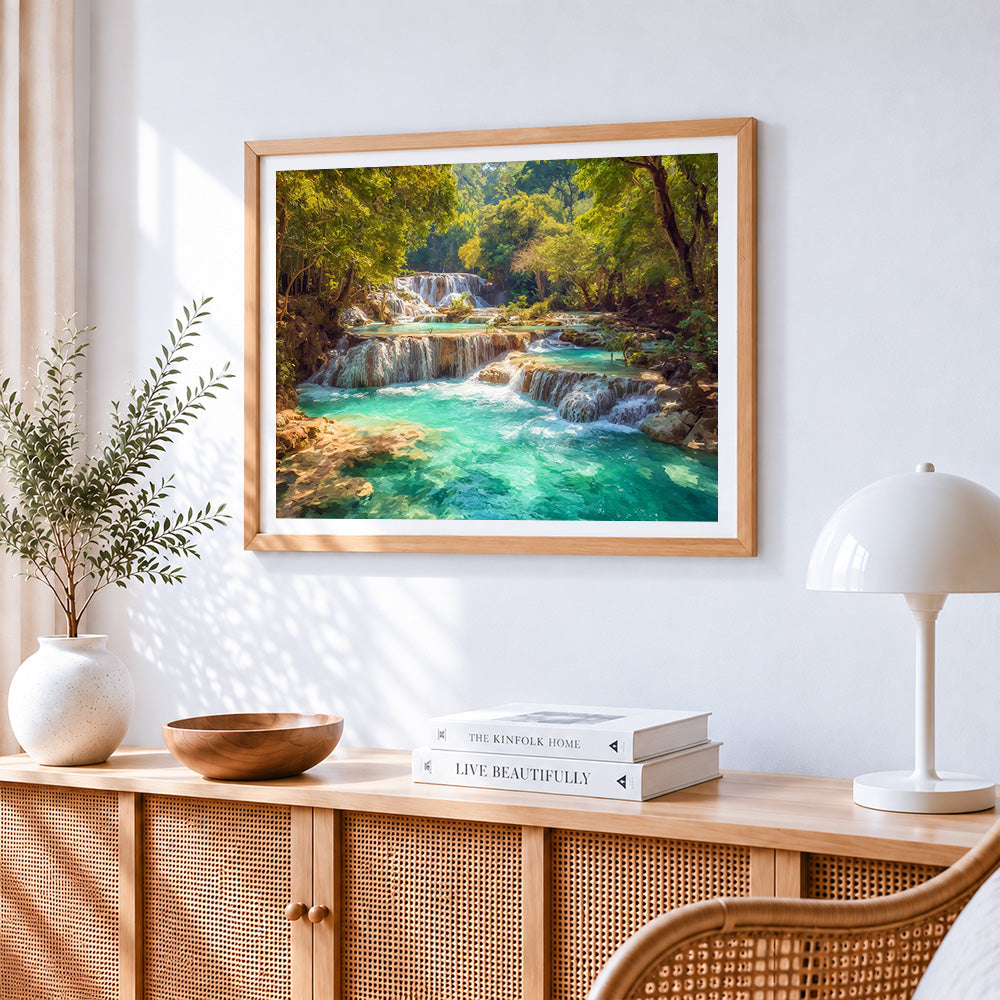 Tropical jungle waterfalls paint by numbers artwork displayed on wall as home decor