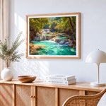 Tropical jungle waterfalls paint by numbers artwork displayed on wall as home decor