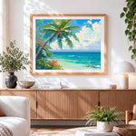 Finished tropical palm and turquoise sea paint by numbers artwork displayed as home decor