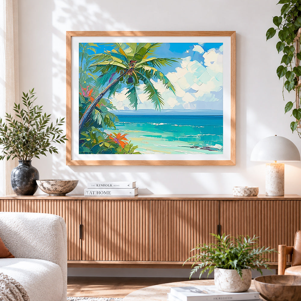 Finished tropical palm and turquoise sea paint by numbers artwork displayed as home decor