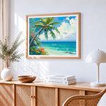 Tropical palm and turquoise sea paint by numbers artwork displayed on wall as home decor