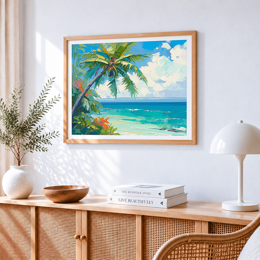 Tropical palm and turquoise sea paint by numbers artwork displayed on wall as home decor