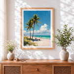 Finished tropical palm trees and pink sand beach cross stitch artwork displayed
