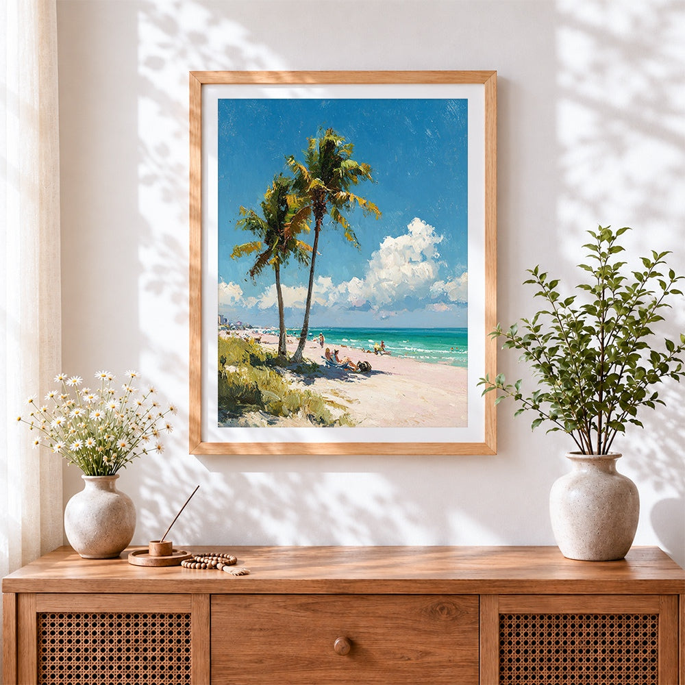 Finished tropical palm trees and pink sand beach cross stitch artwork displayed