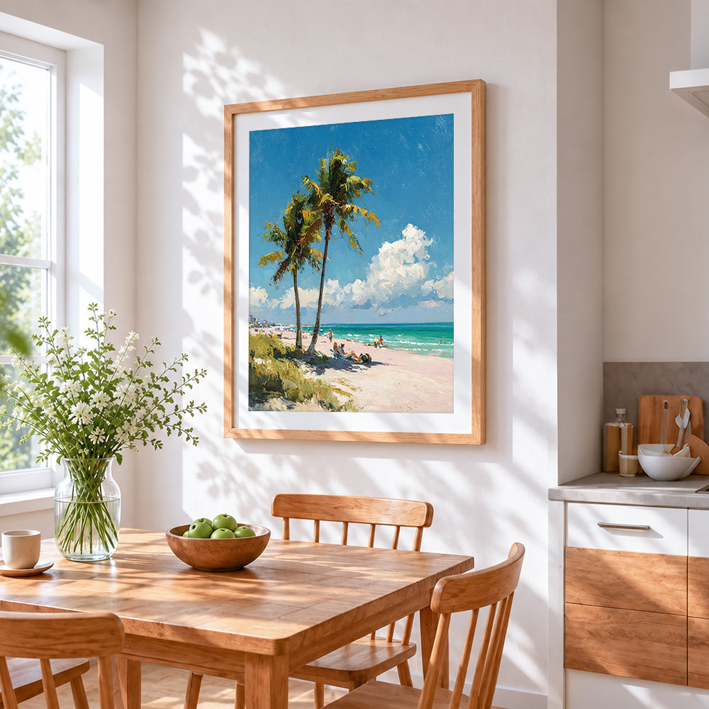 Tropical palm trees and pink sand beach cross stitch artwork displayed on wall as home decor