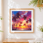 Finished tropical palm trees at sunset cross stitch artwork displayed