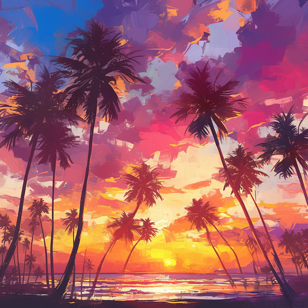 Tropical palm trees at sunset cross stitch kit for beginners