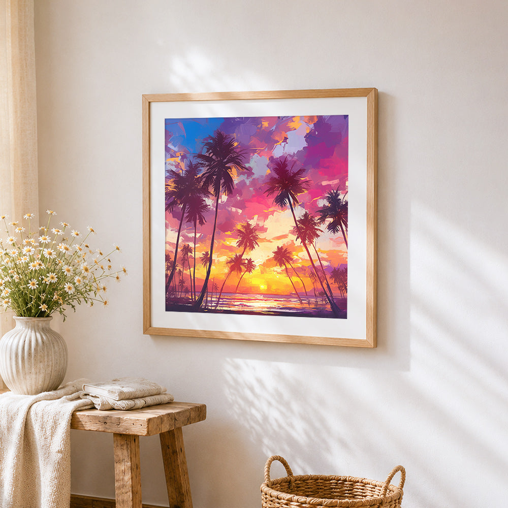 Tropical palm trees at sunset cross stitch artwork displayed on wall as home decor