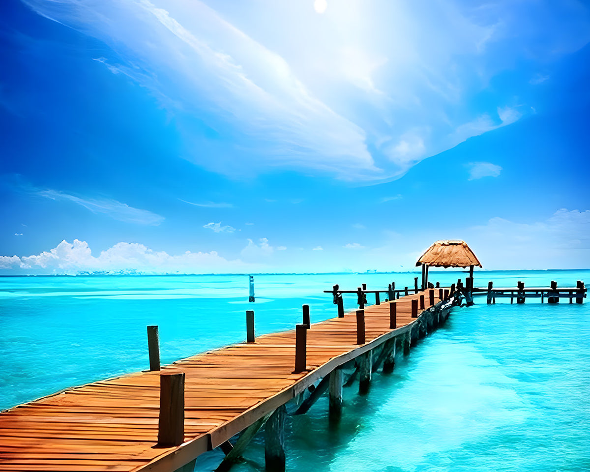Tropical pier with thatched hut cross stitch kit for beginners