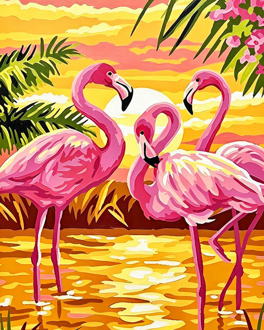 Tropical pink flamingos at sunset cross stitch kit for beginners