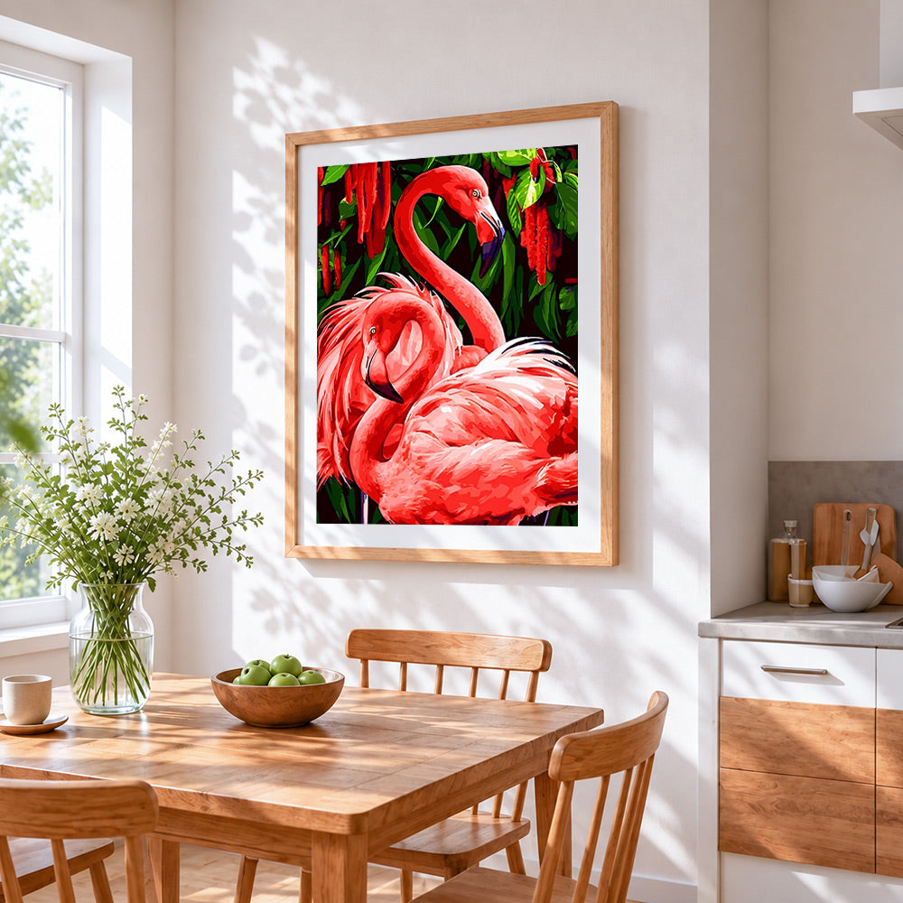 Tropical pink flamingos cross stitch artwork displayed on wall as home decor