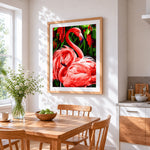 Tropical pink flamingos cross stitch artwork displayed on wall as home decor