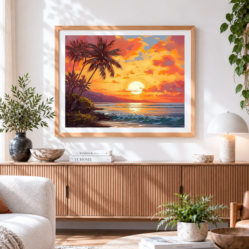 Finished tropical sunset and palm trees cross stitch artwork displayed