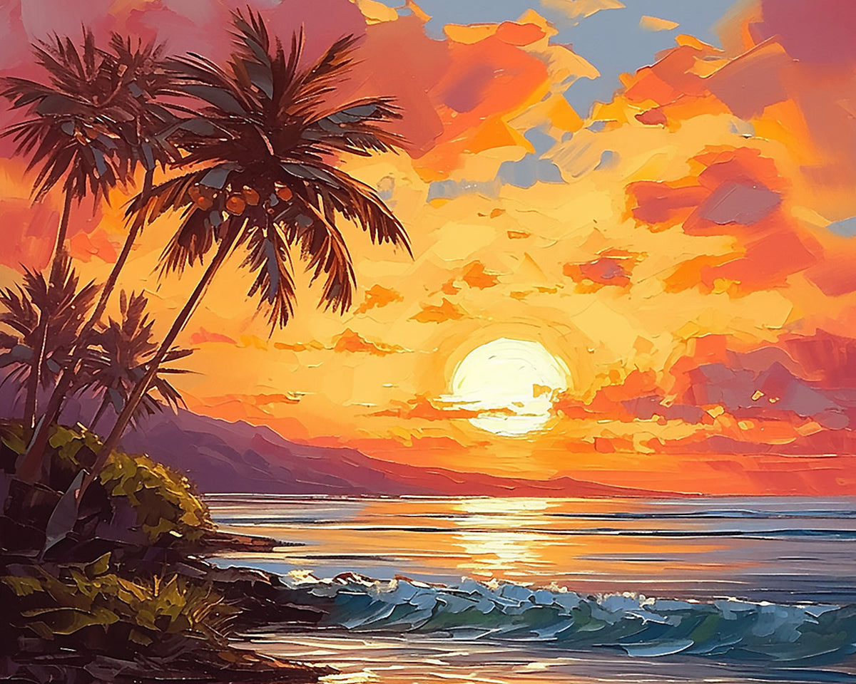 Tropical sunset and palm trees cross stitch kit for beginners