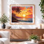 Finished tropical sunset and palm trees paint by numbers artwork displayed as home decor
