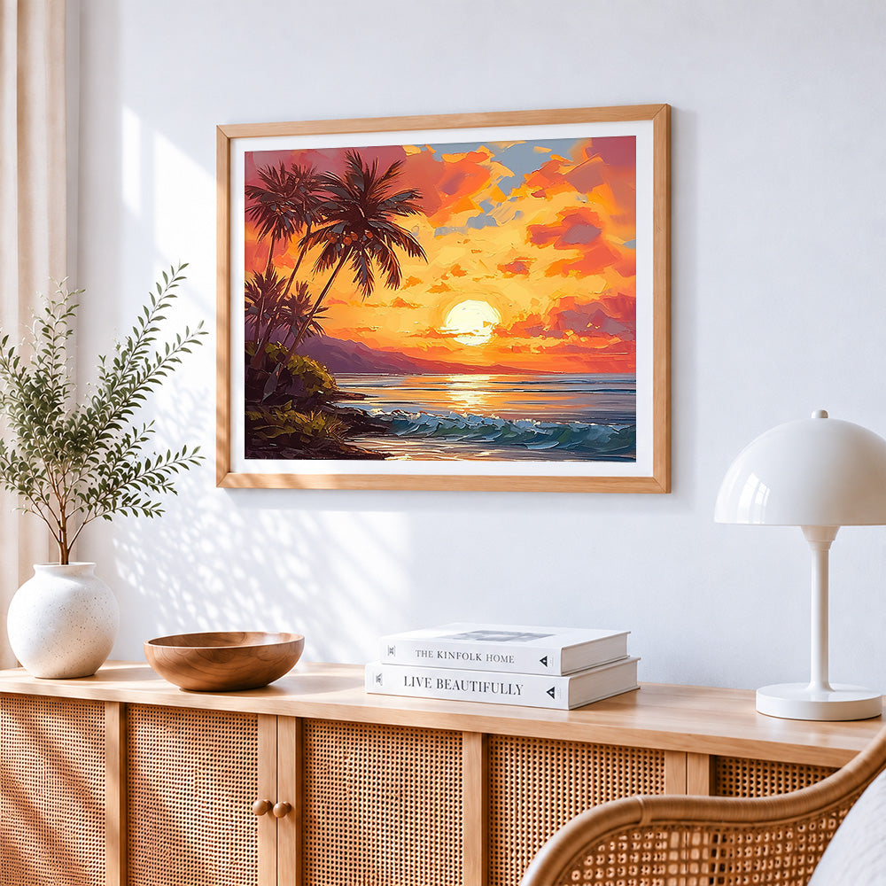 Tropical sunset and palm trees paint by numbers artwork displayed on wall as home decor
