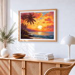 Tropical sunset and palm trees paint by numbers artwork displayed on wall as home decor
