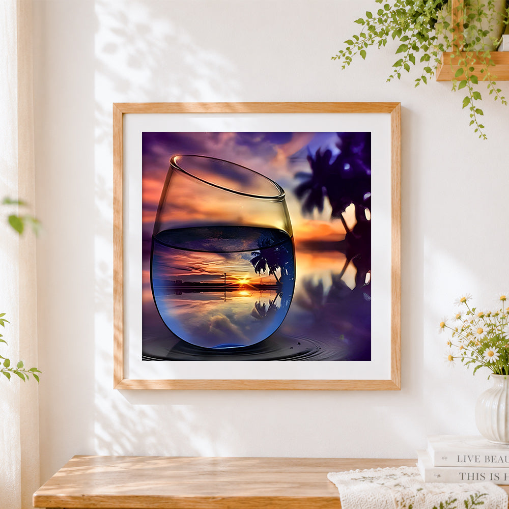 Finished tropical sunset in wine glass cross stitch artwork displayed