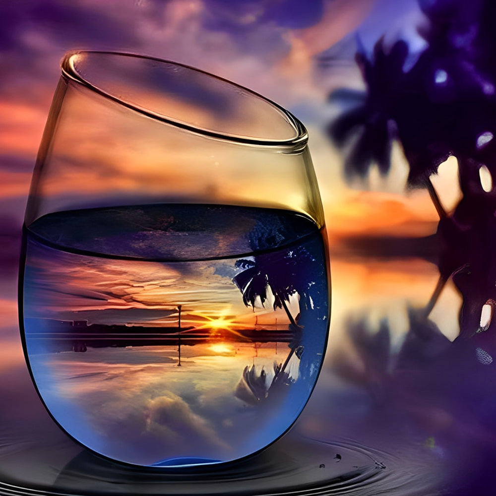 Tropical sunset in wine glass cross stitch kit for beginners