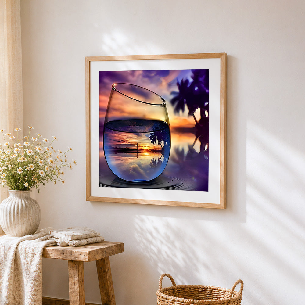 Tropical sunset in wine glass cross stitch artwork displayed on wall as home decor