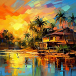 Tropical sunset over a waterfront cabin cross stitch kit for beginners