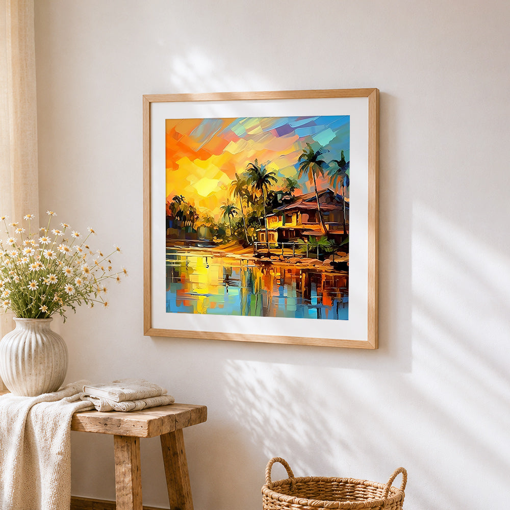 Tropical sunset over a waterfront cabin cross stitch artwork displayed on wall as home decor