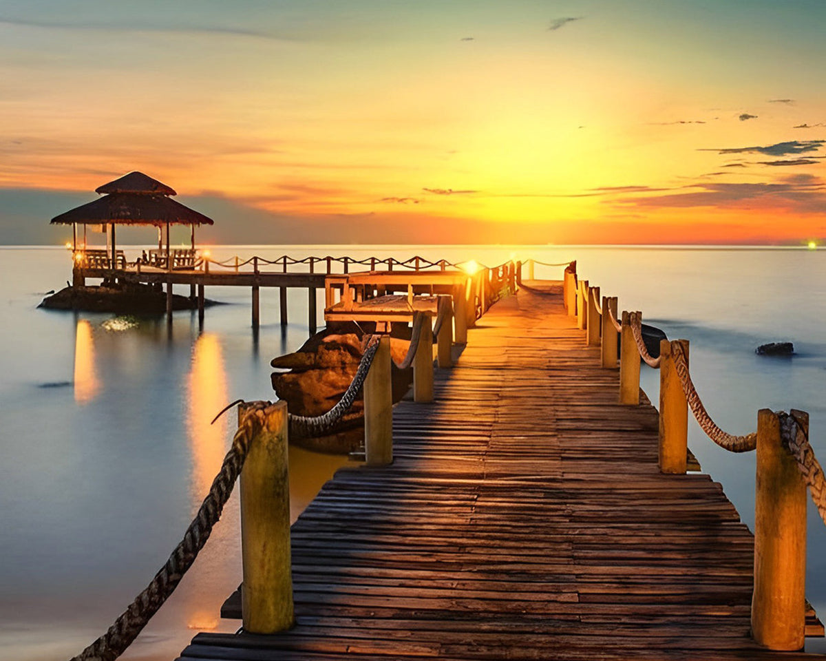 Tropical sunset pier and gazebo paint by numbers kit for beginners