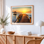 Tropical sunset pier and gazebo paint by numbers artwork displayed on wall as home decor