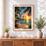 Finished tropical sunset through palm leaves cross stitch artwork displayed