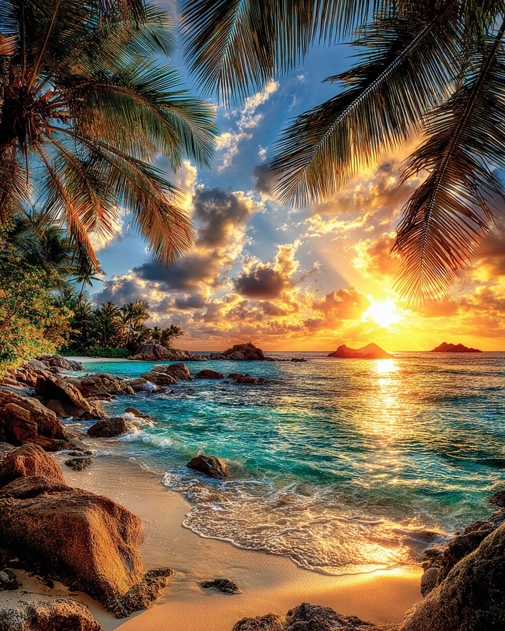 Tropical sunset through palm leaves cross stitch kit for beginners