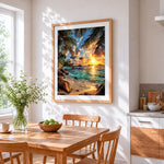Tropical sunset through palm leaves cross stitch artwork displayed on wall as home decor
